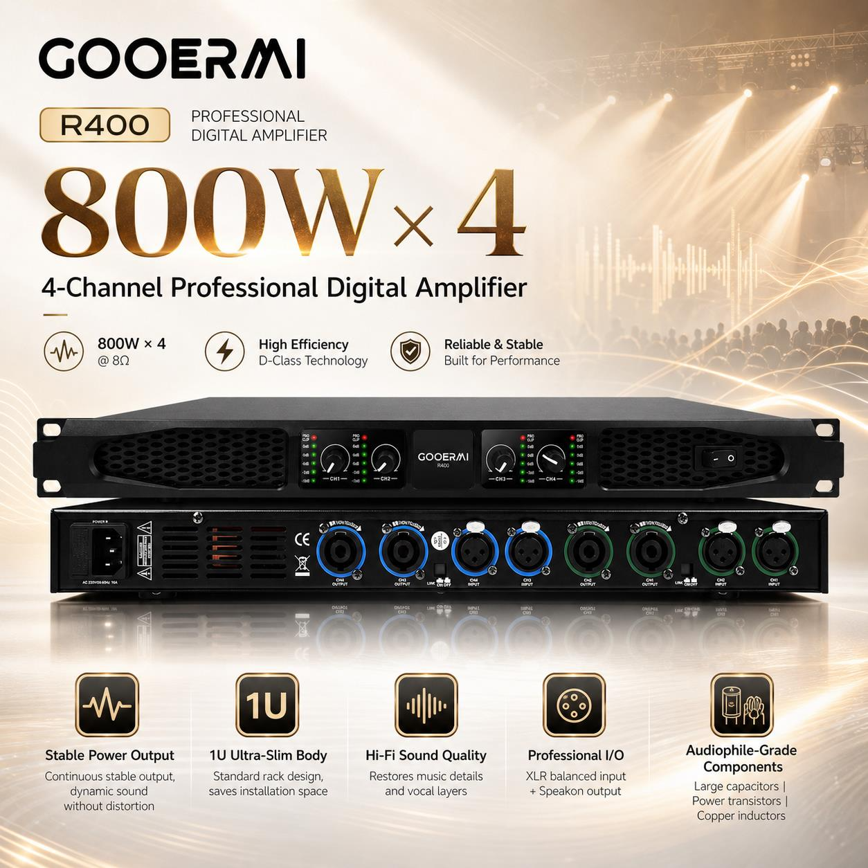 Gooermi R200/R400 クラス D デジタルパワーアンプ 2/4 チャンネル 1000 ワットプロフェッショナルオーディオアンプステージ KTV DJ 用