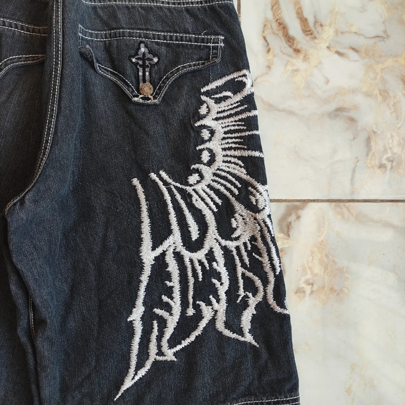 Y2K ファッション新オーバーサイズ刺繍ルーズデニムショーツ男性ゴシックパンクヒップホップファッションカジュアルジョーカーカップルバスケットボールパンツ