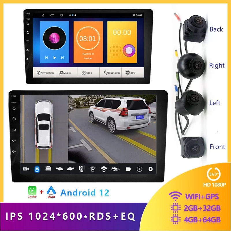 360 ° パノラマカメラ Android カーラジオ HD720P/1080P CarPlay 自動マルチメディアステレオ 2Din ユニバーサル 9 "/10" 日産トヨタ起亜