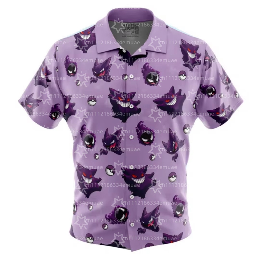 2026 ゲンガーパターンポケモンボタンアップアロハシャツレジャー速乾メンズシャツ子供服 Tシャツトップ婦人服