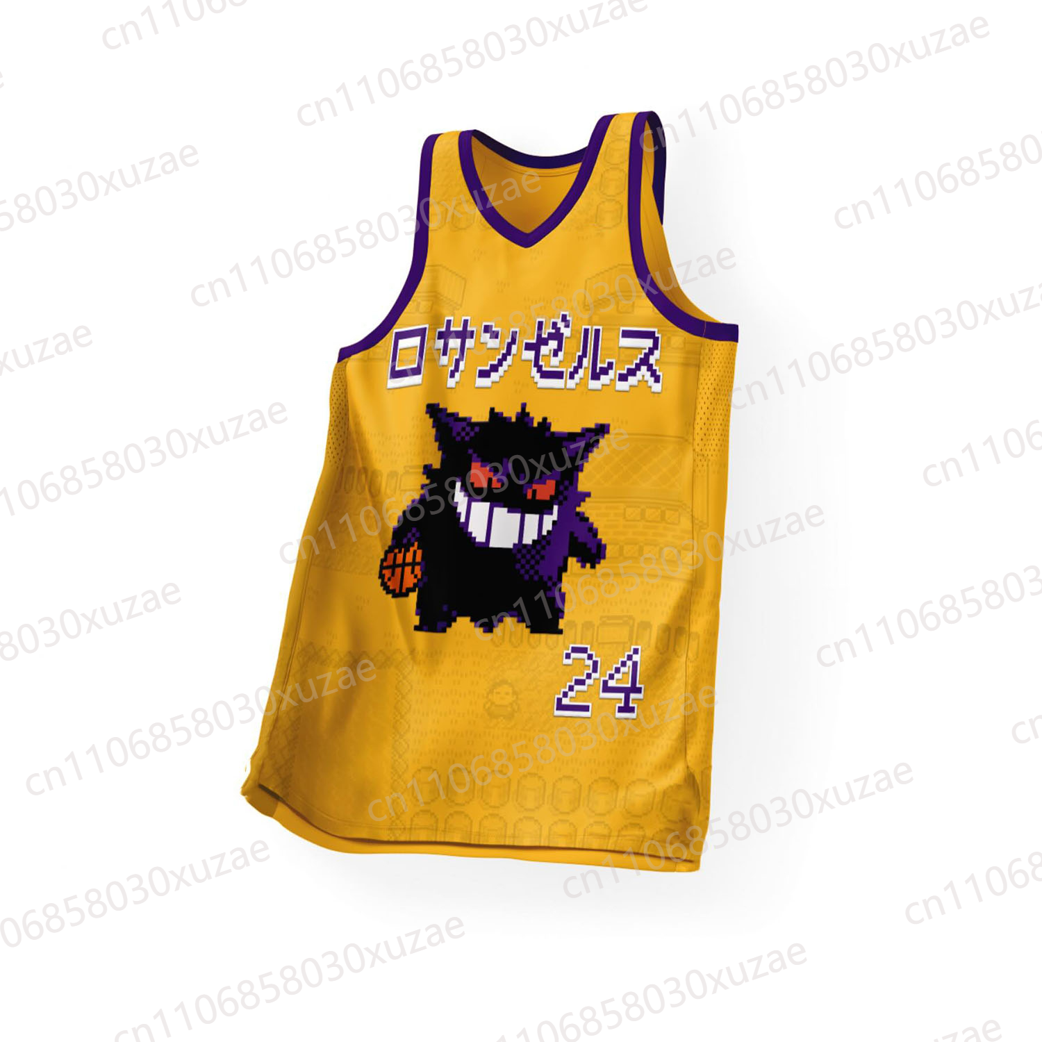 レトロアニメ Gengar グラフィックジャージ 24 ピクセルアートゲーマータンクトップ黄色メッシュバスケットボールシャツ男性スポーツウェア