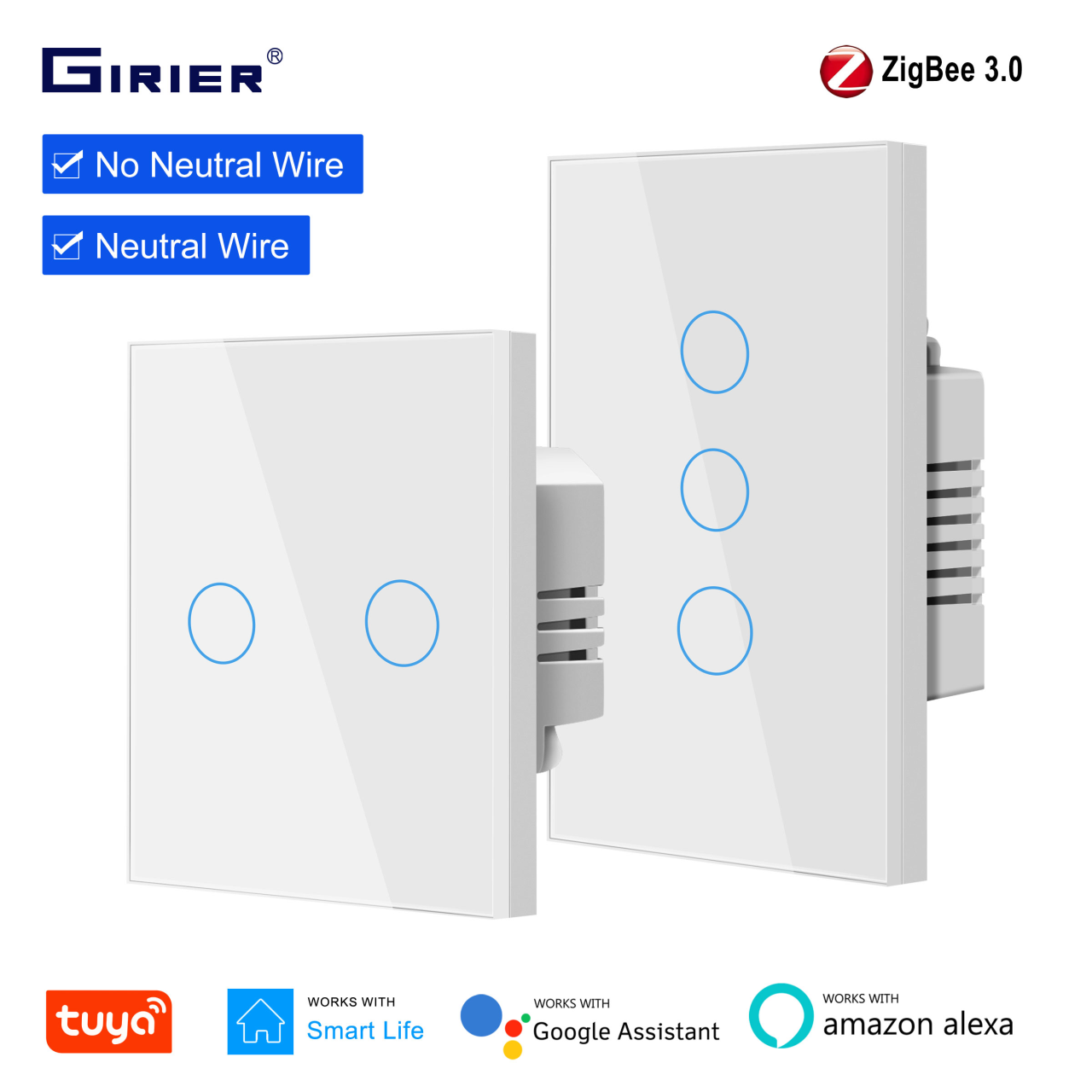GIRIER Tuya ZigBee スマートライトスイッチ EU US、タッチパネル壁スイッチ 1 2 3 ギャング、Alexa Hey Google で動作、配線オプション