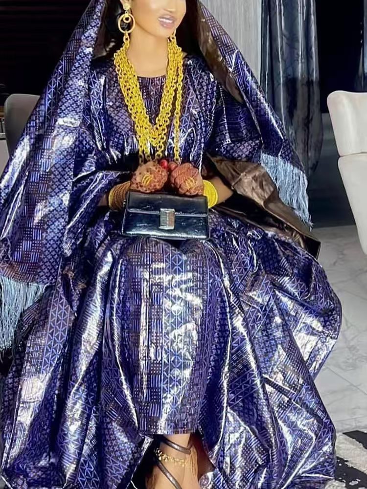 セクシーな女性パーティーウェディングプリントシルク Boubou ブロケードスカーフカラフルなソフト光沢のあるロングドレスアフリカ Dashiki ローブ