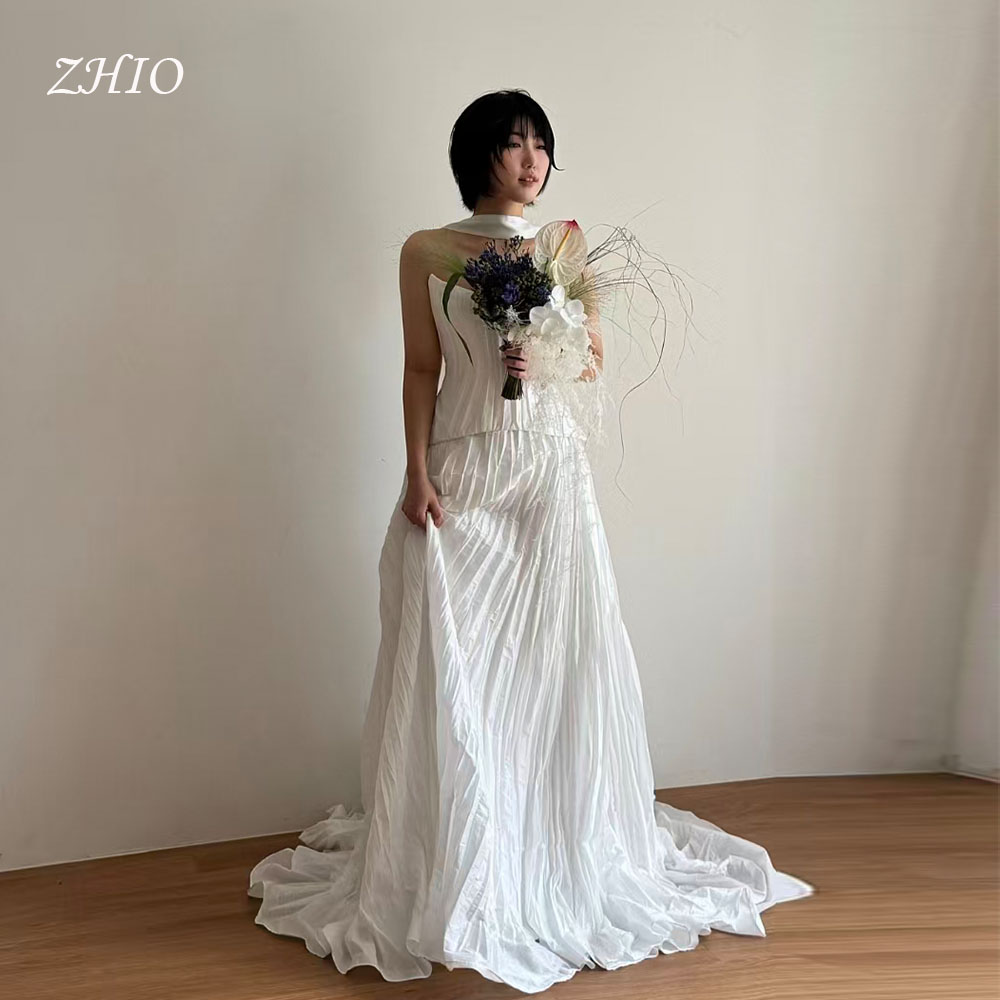 ZHIO モダンプリーツウェディングパーティードレスストラップレスティアードホワイトサテン韓国写真撮影ブライダルレセプションドレスカスタマイズ웨딩드레스