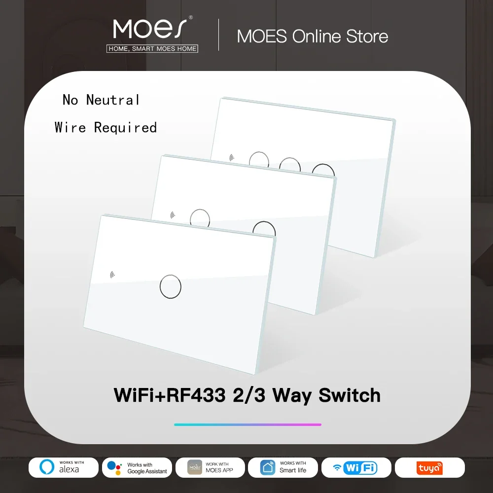 MOES WiFi スマートライトスイッチ RF433 中性線なし シングルファイアスマートライフ Tuya アプリコントロールは Alexa Google ホーム 110/220V で動作します