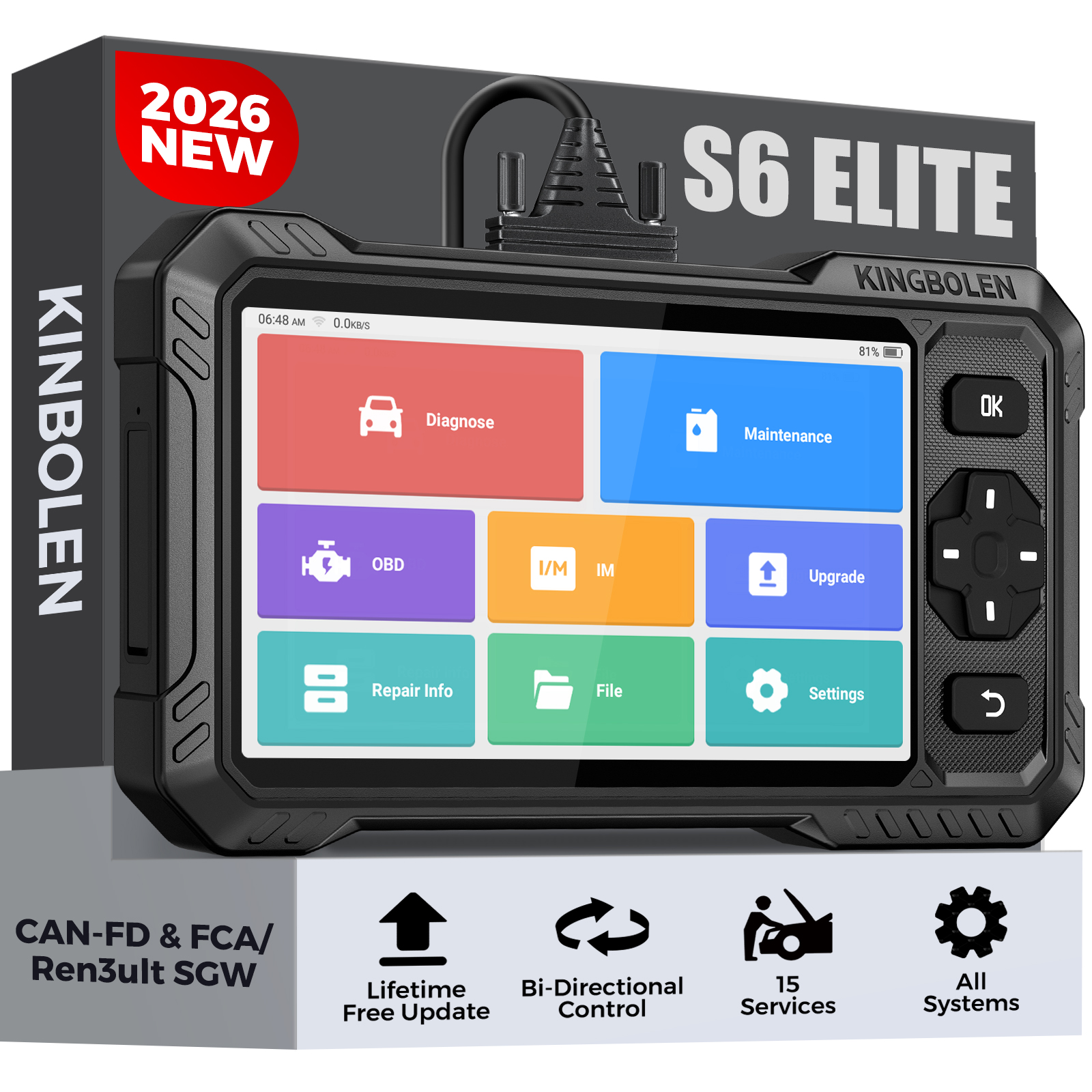 KINGBOLEN S6 エリート OBD2 スキャナー、2026 双方向スキャンツール、15 リセット、アクティブテスト、全システム車診断スキャナー、CAN FD