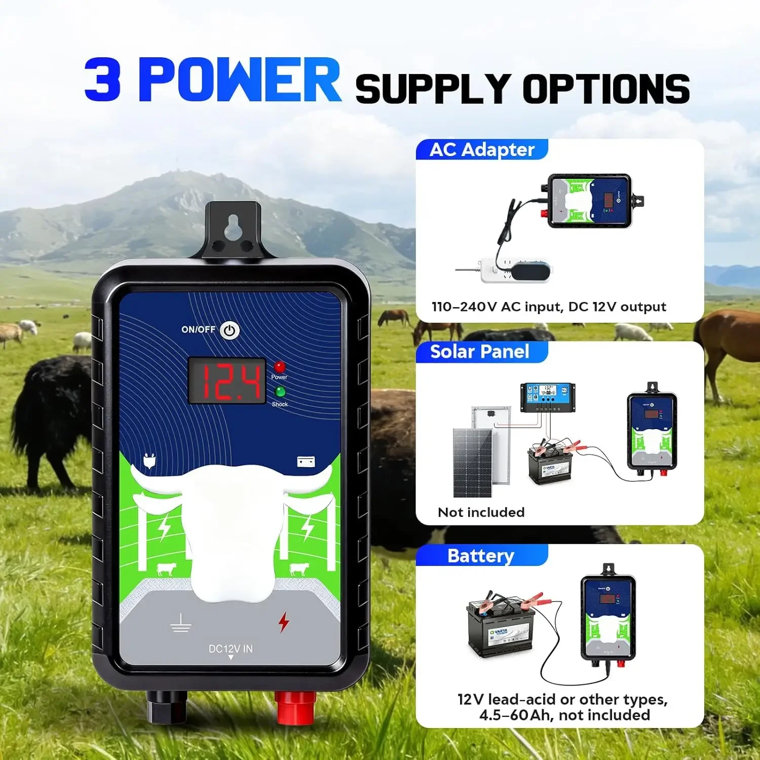 オン/オフモード付き15マイル電気柵充電器、24時間連続稼働家畜用4.0J柵充電器