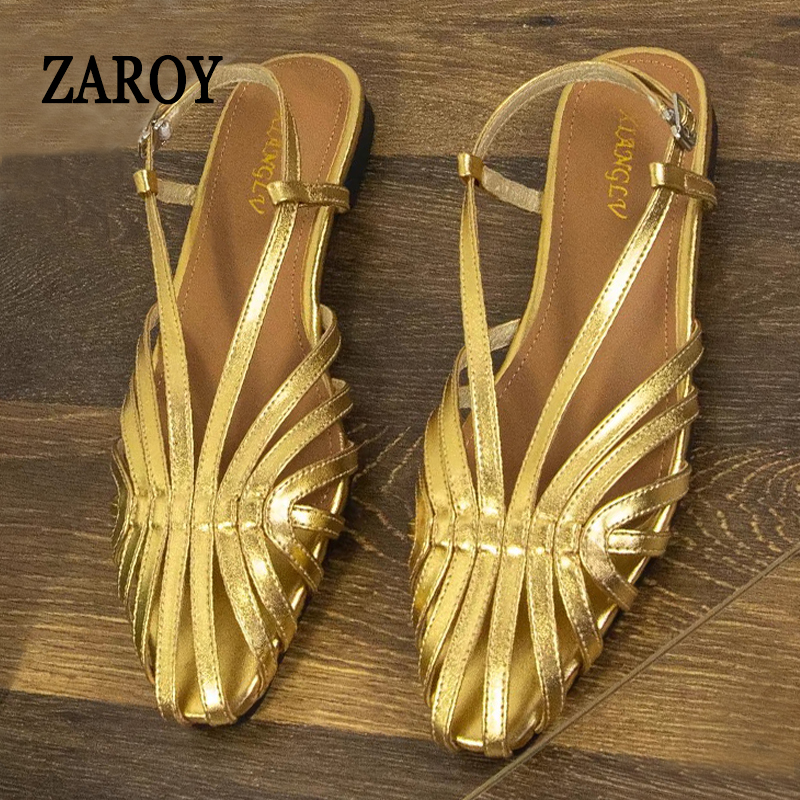 ZAROY ナ​​ローバンド女性フラットサンダル大きいサイズデザイナーブランド宴会結婚式の靴夏中空ビーチグラディエーター Sandalias