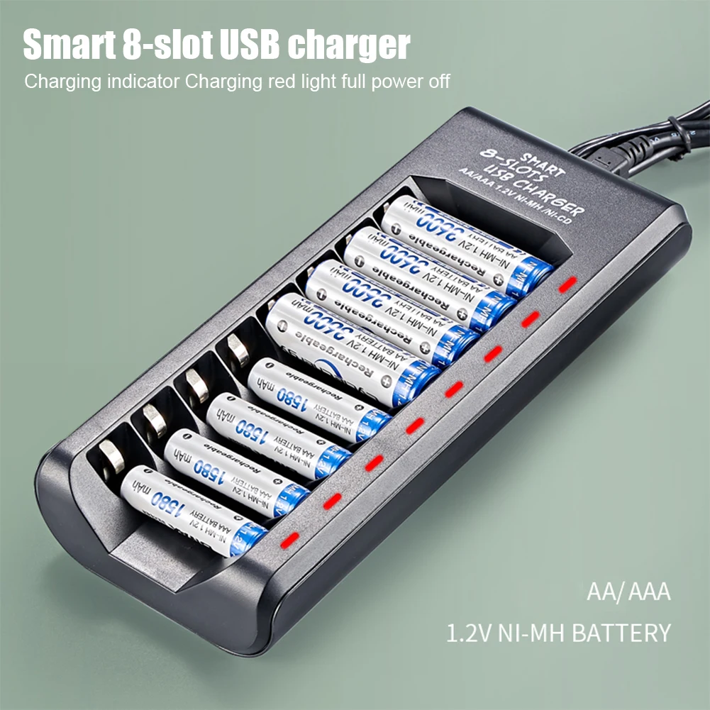 充電式バッテリー充電器 USB 出力 8 スロット 急速充電 短絡保護 1.2V ニッケル水素 AAA/AA バッテリー充電器用