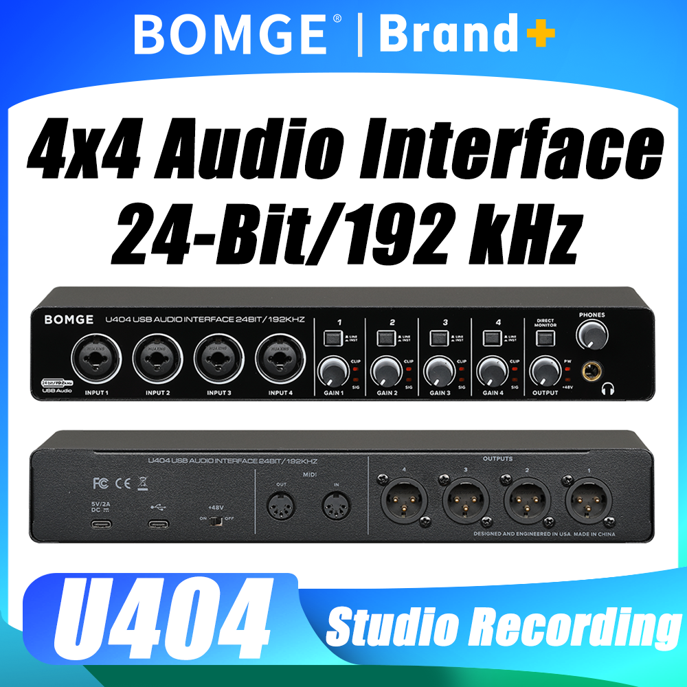BOMGE U404 4x4 USB オーディオ インターフェイス 24 ビット/192 kHz 4 XLR/TRS コンボ入力 48V ファンタム電源スタジオ録音ポッドキャスト用