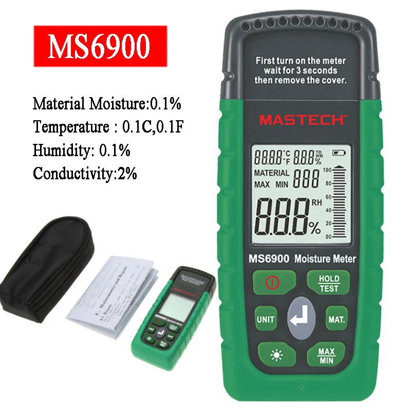 MASTECH MS6900 ミニデジタル水分計正確かつ多用途木材/木材/コンクリート建物湿度テスター LCD ディスプレイ