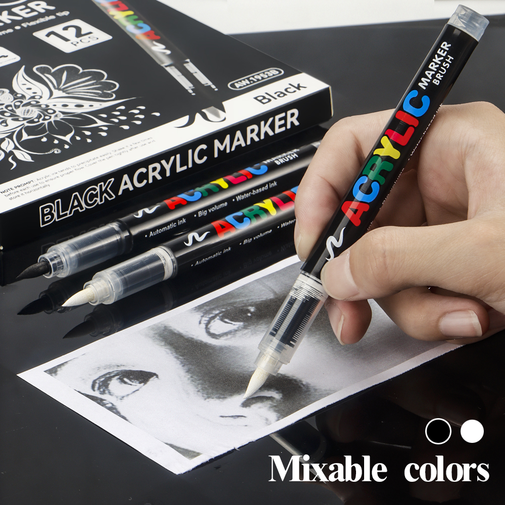 12 個アートマーカー防水黒/白ブラシペン先絵画 DIY ストーンウッドスケッチ広告絵画学用品
