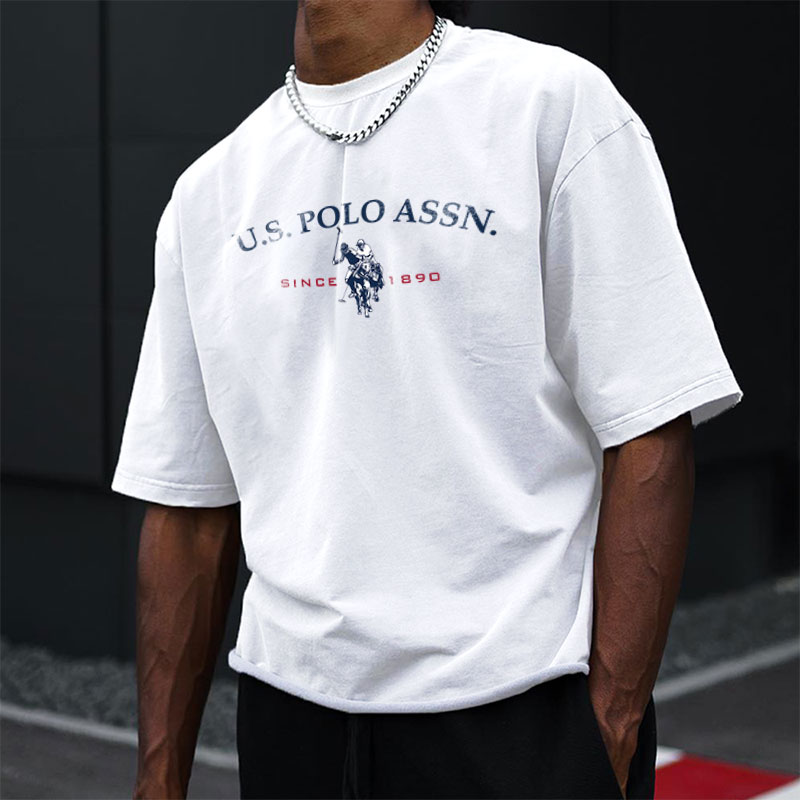 シンプルなスタイルのメンズコットン Tシャツポロレターグラフィックプリントカジュアルラウンドネックメンズ半袖トップ送料無料
