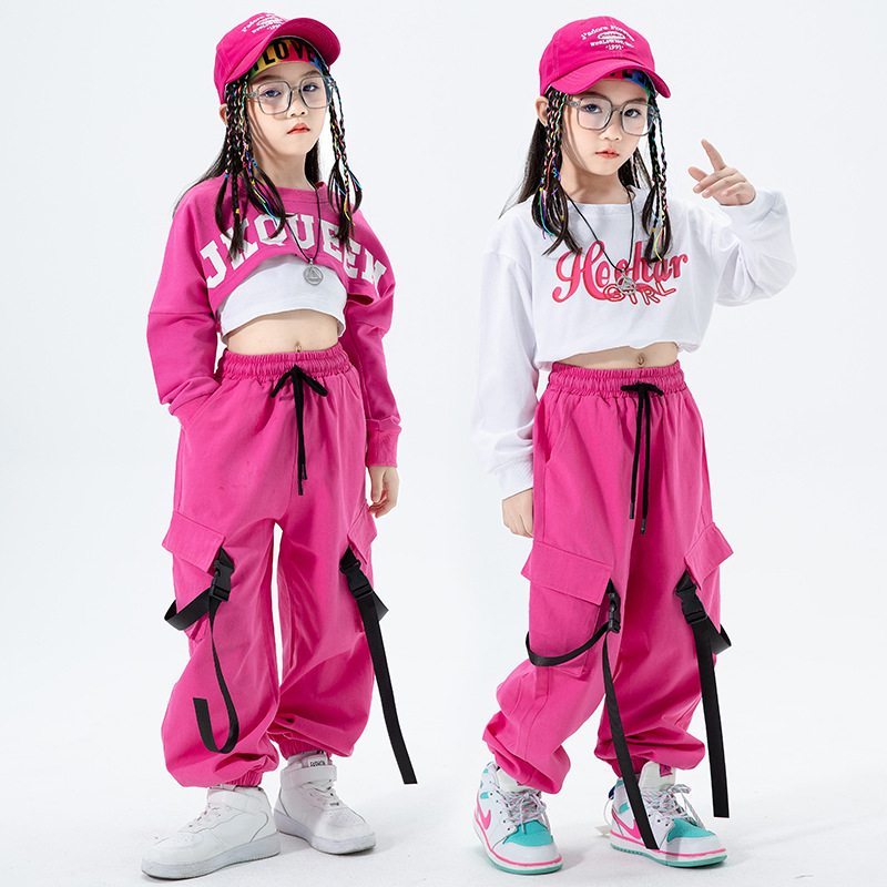 女の子ジャズダンスパフォーマンス衣装、女の子ヒップホップセット、女の子臍帯服、ストリートダンスパフォーマンストレンド服