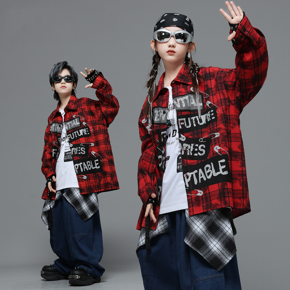 子供グループヒップホップ服ガードストライプ赤シャツ黒青ストリートワイドジーンズだぶだぶのパンツ用女の子男の子ダンス衣装服
