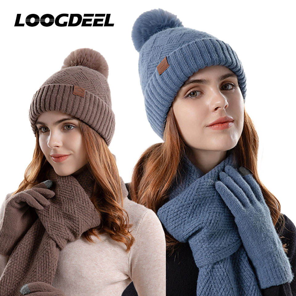 LOOGDEEL 3 ピース/セット冬ビーニー帽子スカーフタッチスクリーン手袋セット女性暖かさニットフリース裏地レザーラベル毛皮ボールキャップ