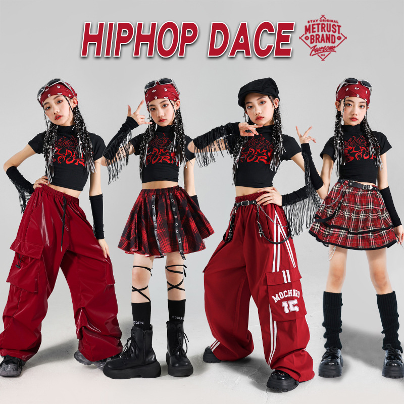 女の子 K-POP ファッションタッセルクロップトップティアードスカート子供ヒップホップストリート衣装子供ジャズガールグループ服セット