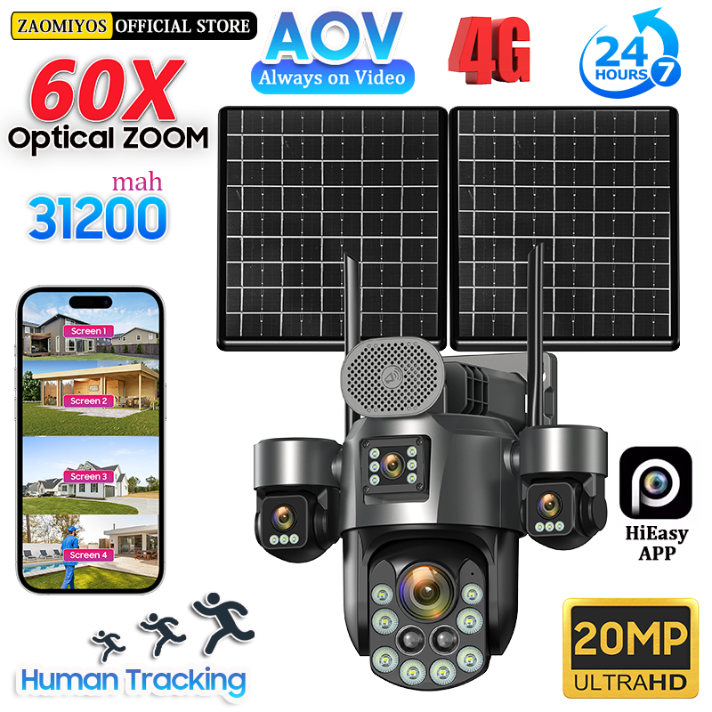 ZAOMIYOS 20MP 4 スクリーン 4 グラム SIM AOV ソーラー監視カメラ屋外 60X 光学ズーム自動追跡セキュリティ 24/7 記録 PTZ カム