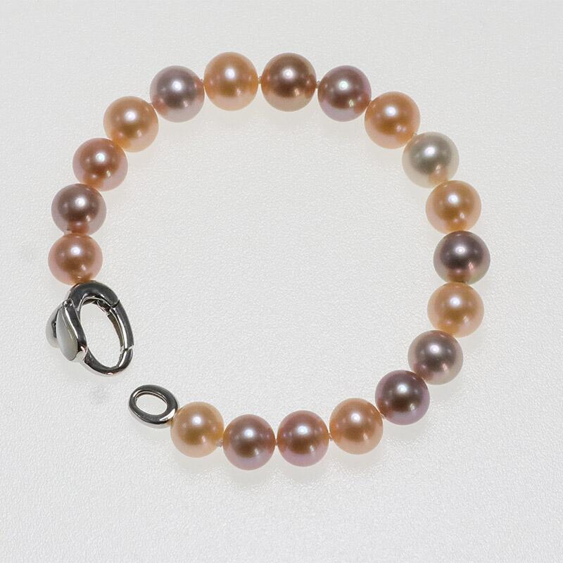 5A ハイグレードナチュラルホワイト/ピンク/パープルパールブレスレット混合色 8-9mm 淡水真珠と 925 シルバーボタン
