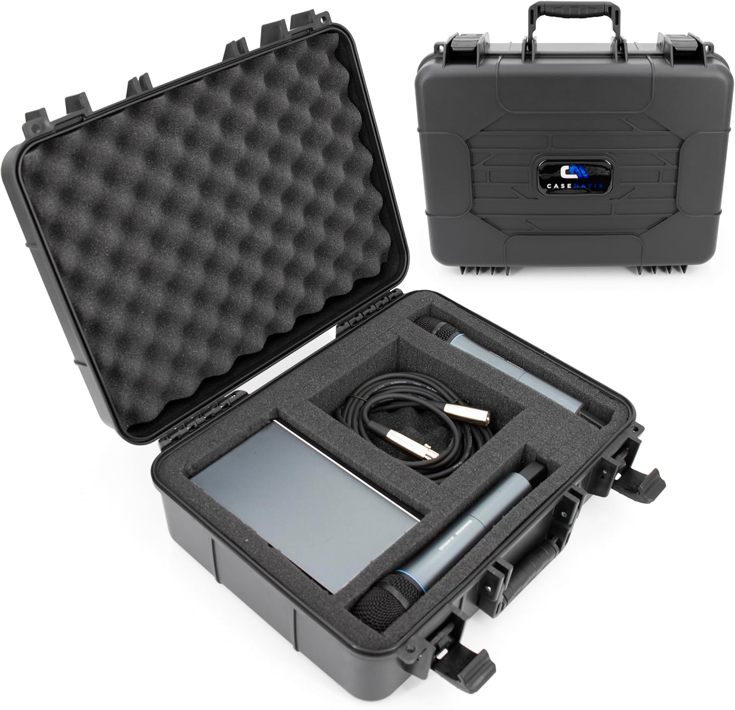カスタマイズ可能なフォームを備えたハードシェルワイヤレスマイクケース – Sennheiser、Shure、Audio-Technica、Nady、VocoPro レシーバーに適合