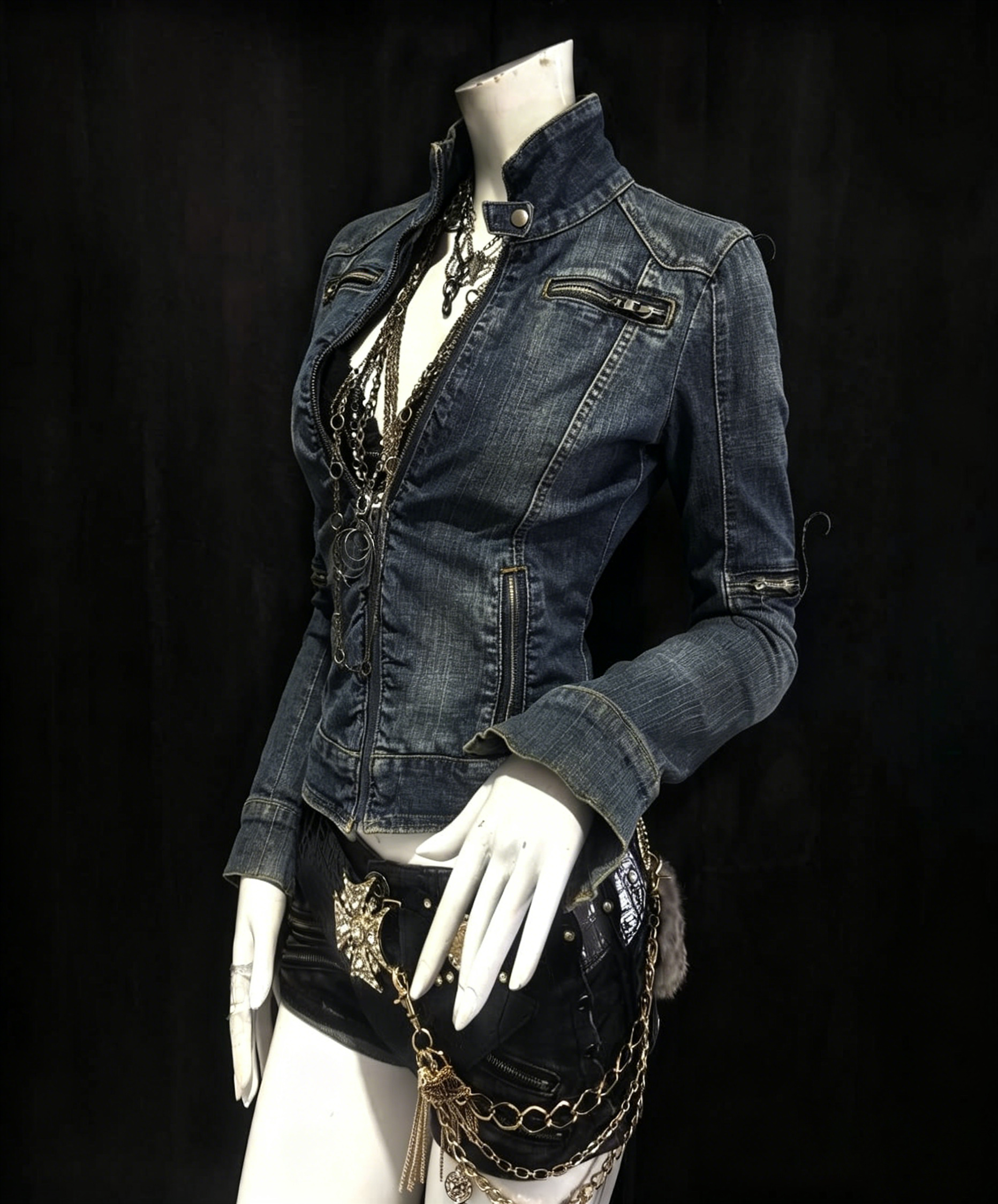 Women Y2K Gothic Punk Streetwear Vintage Washed Denim Coat Multi Zip Stand Collar Slim Waist Cropped Long Sleeve Casual Jacket