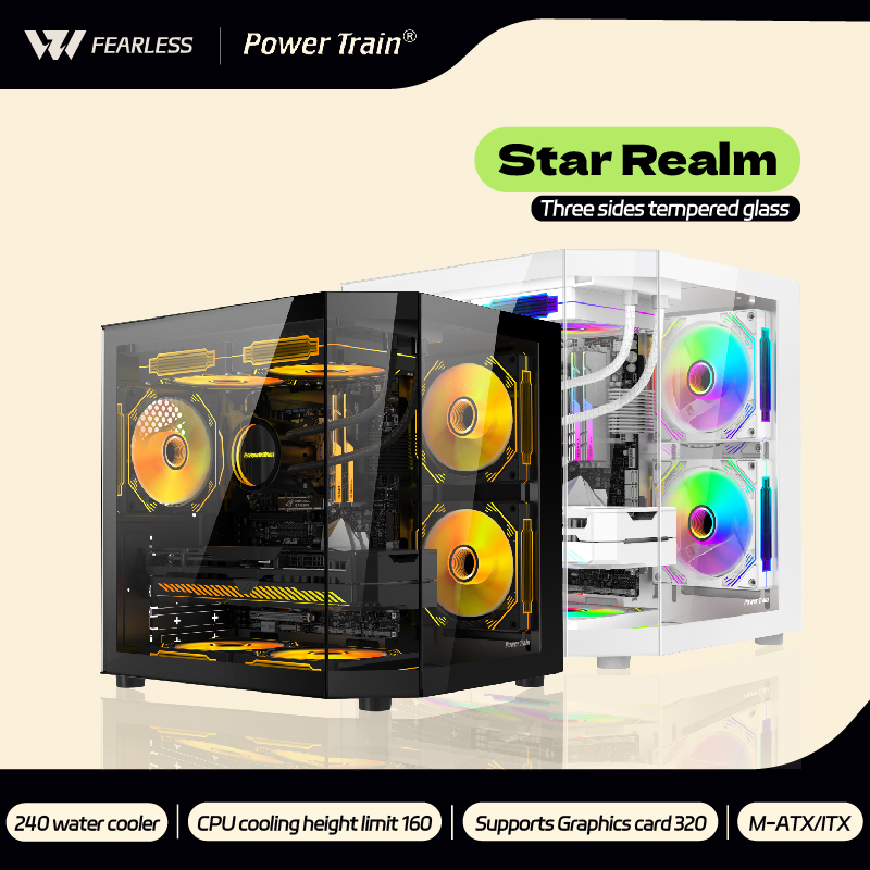 パワートレインスターレルム M-ATX デスクトップケース三面ガラスパノラマシービュールーム柱なし 240 ウォータークーラー PC ケース