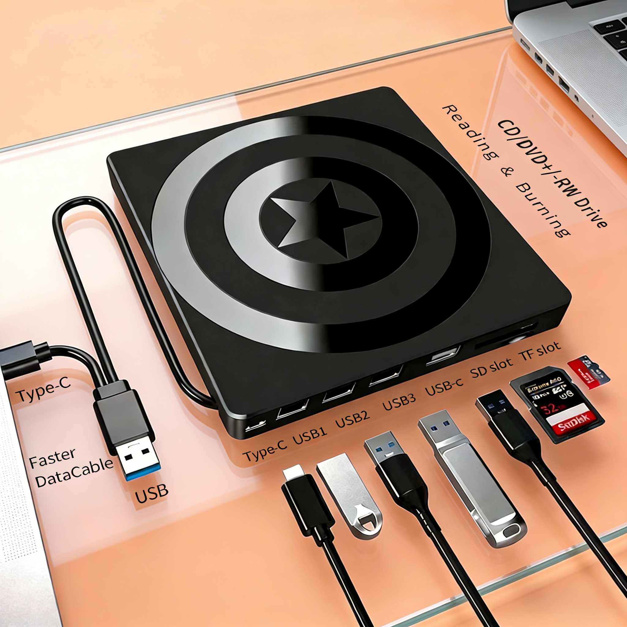 外部 7 in 1 タイプ C USB3.0 ポータブル光学ドライブ DVD バーナー DVD CD レコーダー プレーヤー ライター リーダー デスクトップ ラップトップ ノートブック用