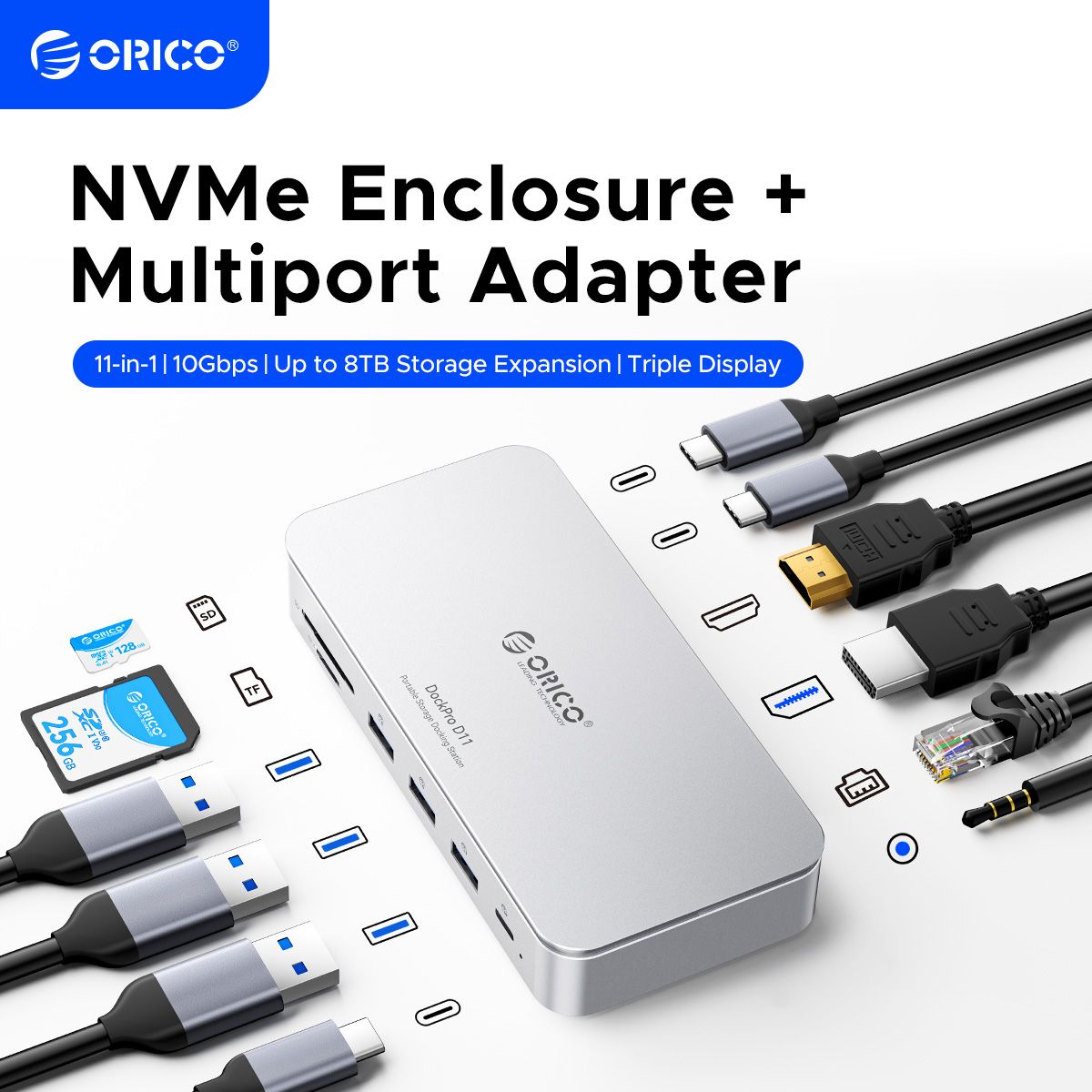 ORICO M.2 2230/2242/2260/2280 NVMe SSD Enclosure 10Gbps USB C Storage Docking Station with 8K60HZ HD DP SD/TF PD100W Charger HUB