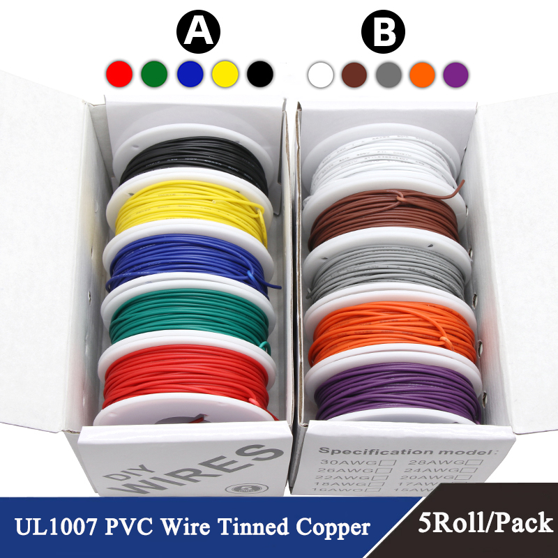 UL1007 ワイヤー（5 色ミックスキット）PVC 絶縁錫メッキ銅ケーブル 30 28 26 24 22 20 18 16 AWG 撚線電線 PCB ワイヤー