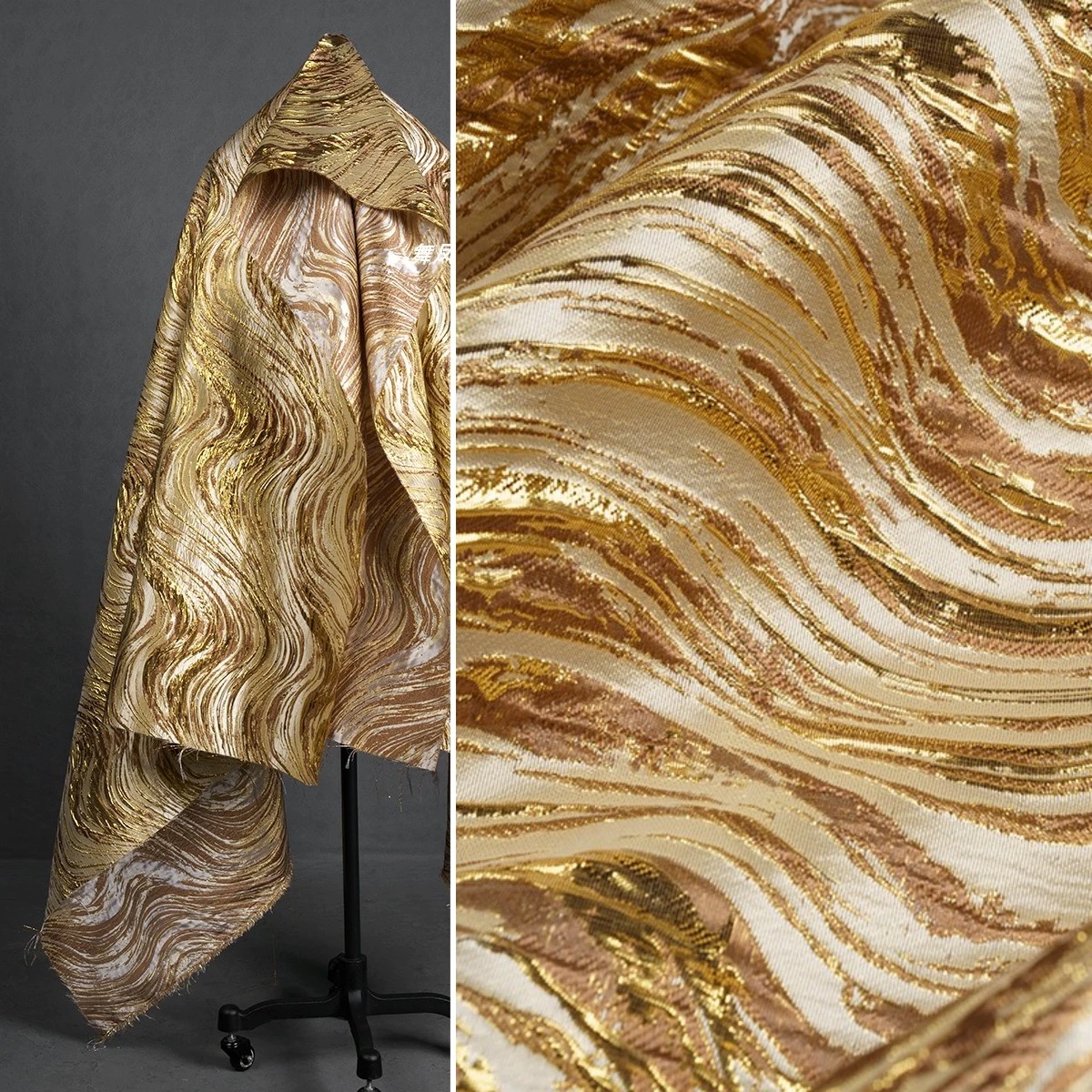 3Dテクスチャきらめく金色の波模様の錦織ジャカード生地 漢服ドレスコート生地 DIY背景装飾布