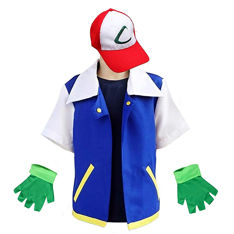 大人のサトシ衣装ハロウィン男性アニメトレーナーコスプレ女性 Disfraz パーティーブルージャケットキャップと手袋セット