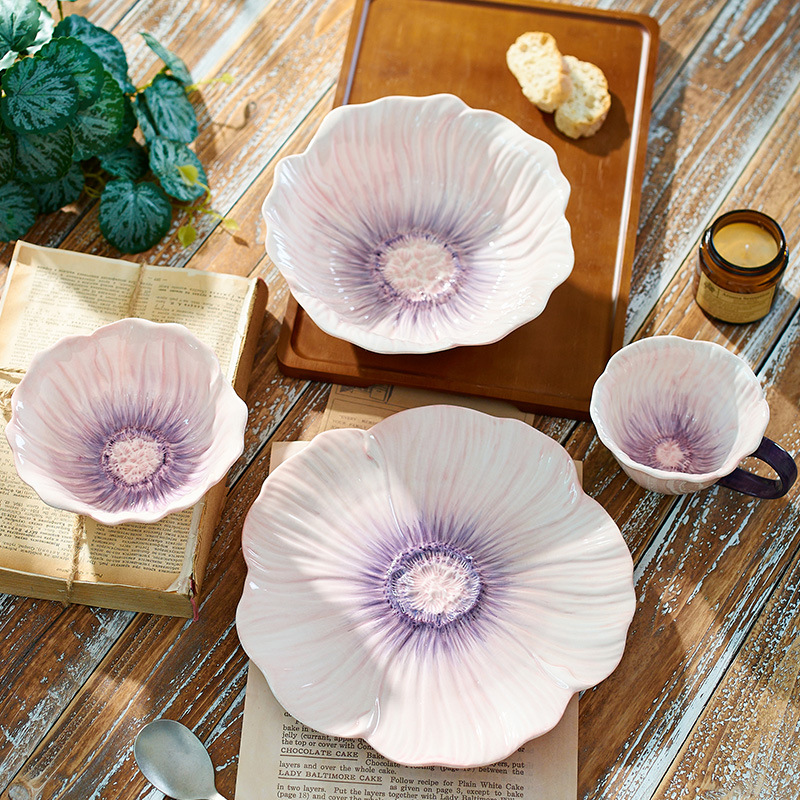 紫色の花柄セラミック食器セット、下絵付カラーボウル