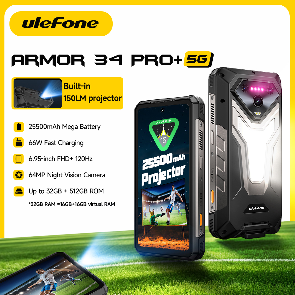 Ulefone Armor 34 Pro 5G 頑丈なスマートフォン 16GB 512GB 25500mAh 内蔵プロジェクター 64MP ナイトビジョン 6.95 インチ 120Hz NFC Android 15