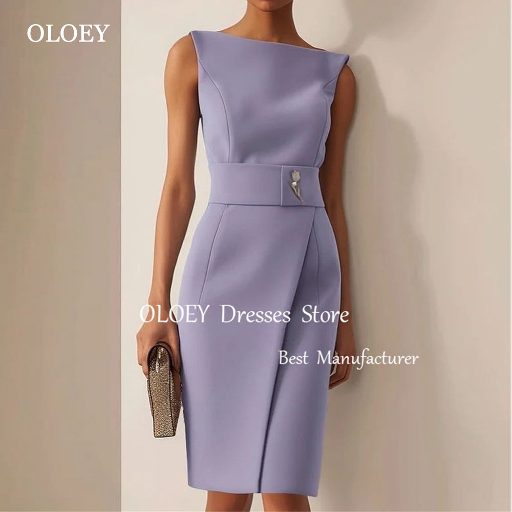OLOEY エレガントなパープルストレートフォーマルイブニングドレスノースリーブ膝丈ウェディングパーティードレスボートネックプロムドレスカスタマイズ