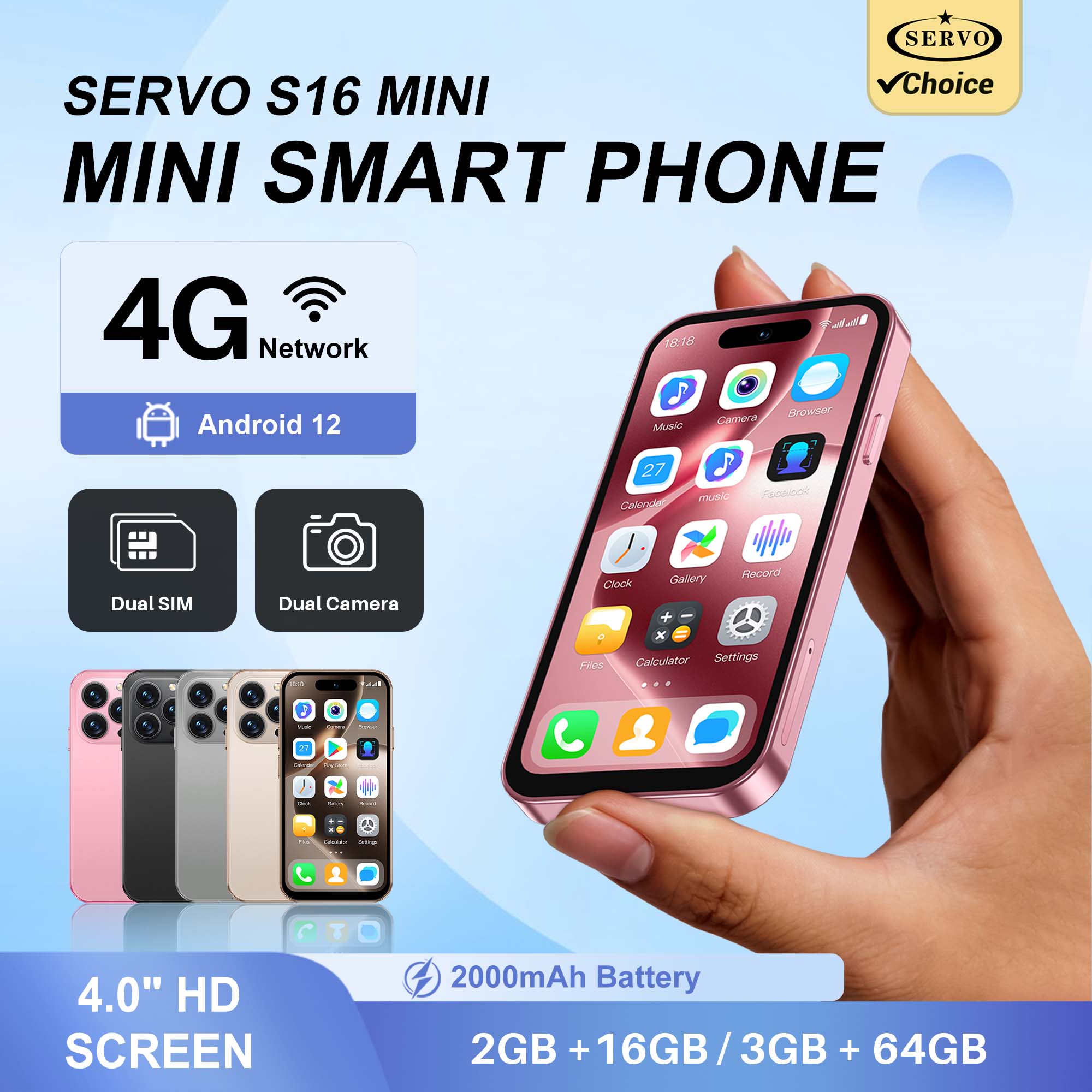 SERVO S16 MINI かわいい 4G LTE スマートフォン 4.0 "Android 12 2/3GB RAM 16/64GB ROM デュアル SIM Play ストア GPS 小型ポケット携帯電話