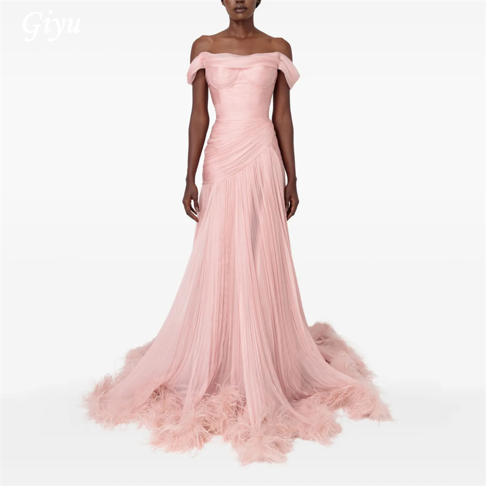 Giyu Elegant Light Pink Off The Shoulder Evening Gown Dress A Line Simple Wedding Party Dress Back Zipper Plus Size Customized