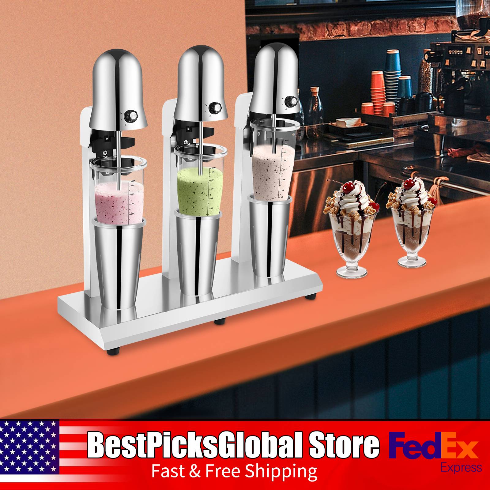 トリプルヘッドミルクシェイクメーカー、18000 RPM、3 X 180W 卓上ブレンダー、PCカップ付き、業務用、110V