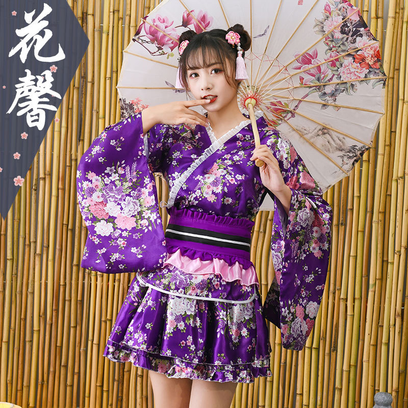 新しい女性日本の着物浴衣ローブ女の子かわいい花柄羽織スーツレディースハロウィンパーティーロリータメイドコスプレ衣装
