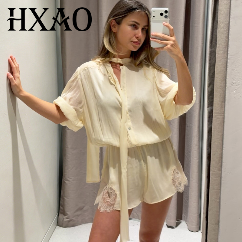 HXAO 女性のレースショートジャンプスーツベージュ半袖ブラウスフリルワイドレッグ遊び着夏のレースアップカジュアル女性ホームスーツ