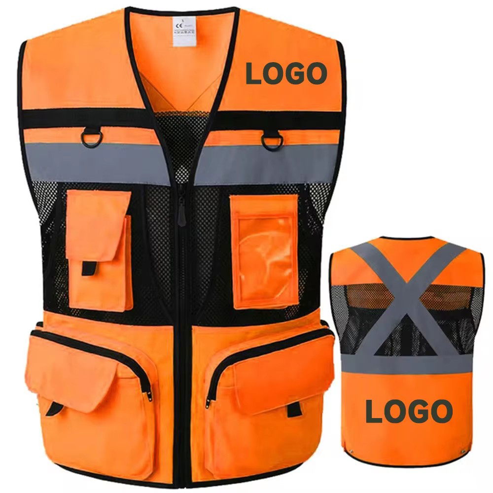 オレンジ作業服ベストカスタムロゴとテキスト Hi Vis ベストメッシュ通気性ツーリング作業ベスト男性建設作業