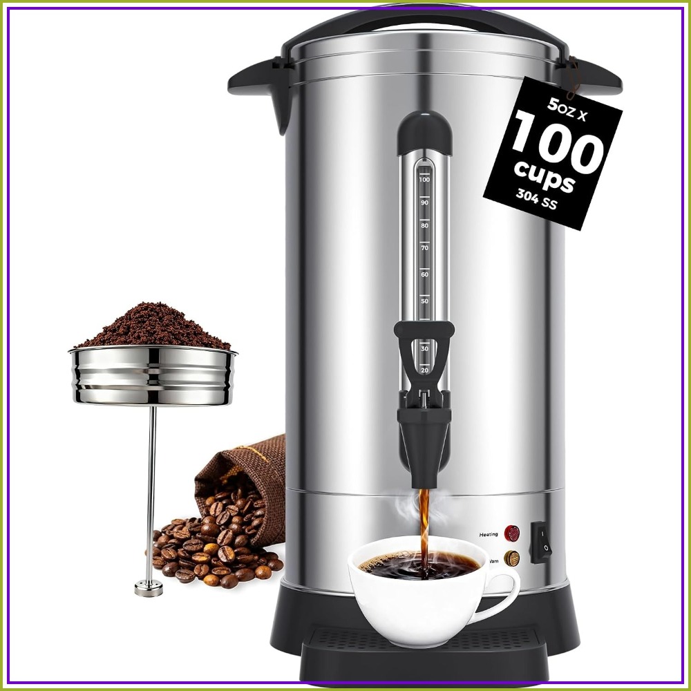 1500W 業務用コーヒー壺 100カップ / 15L 大型パーコレーターコーヒーポット、二重壁304ステンレス鋼ホットウォーターディスペンサー、ケータリング、パーティー、オフィス用の高速抽出電気コーヒーメーカー