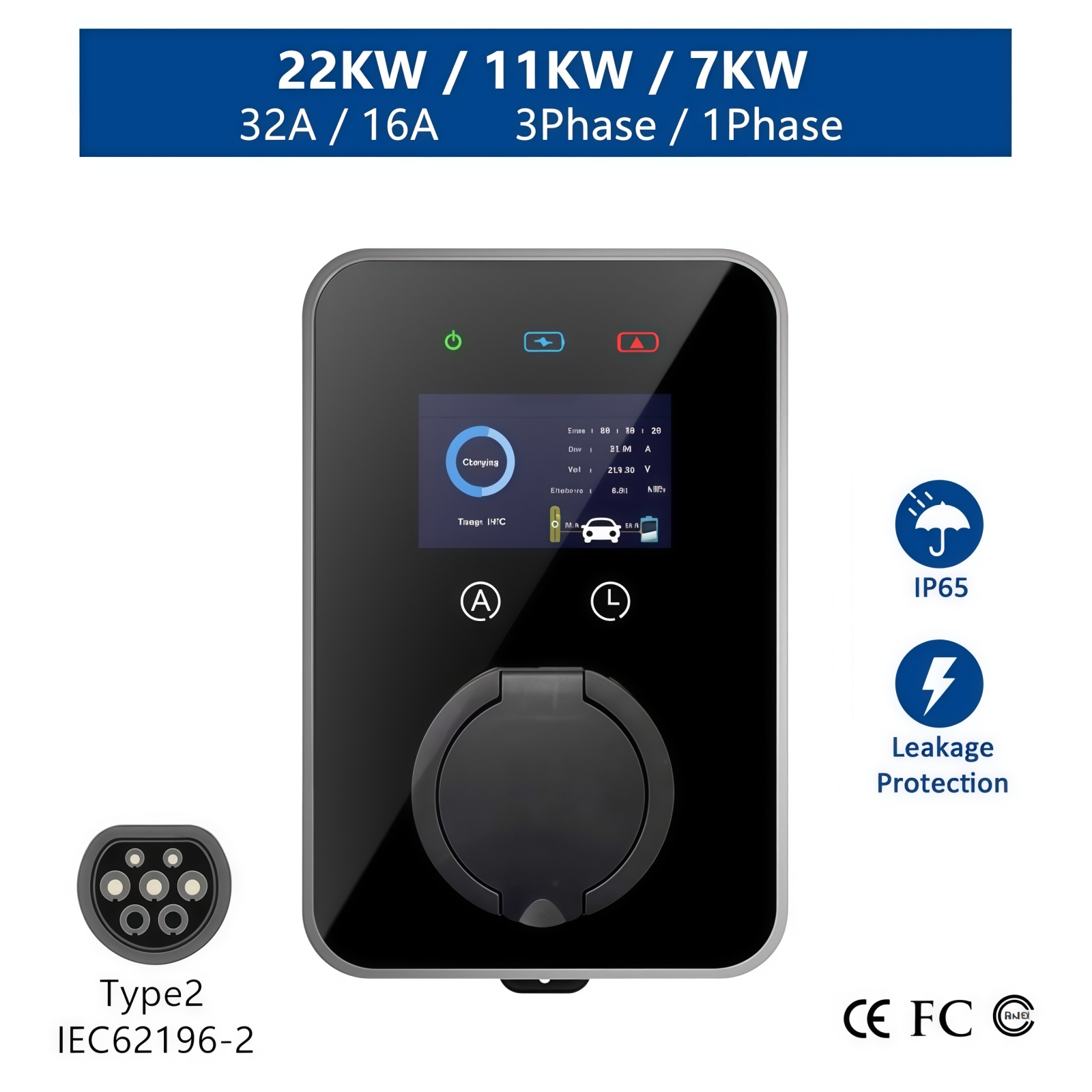 新しい EV 充電器タイプ 2 EVSE ウォールボックス 32A 7KW 22KW 16A 11KW 3 相 IEC62196-2 アダプタ APP 制御電気自動車車用