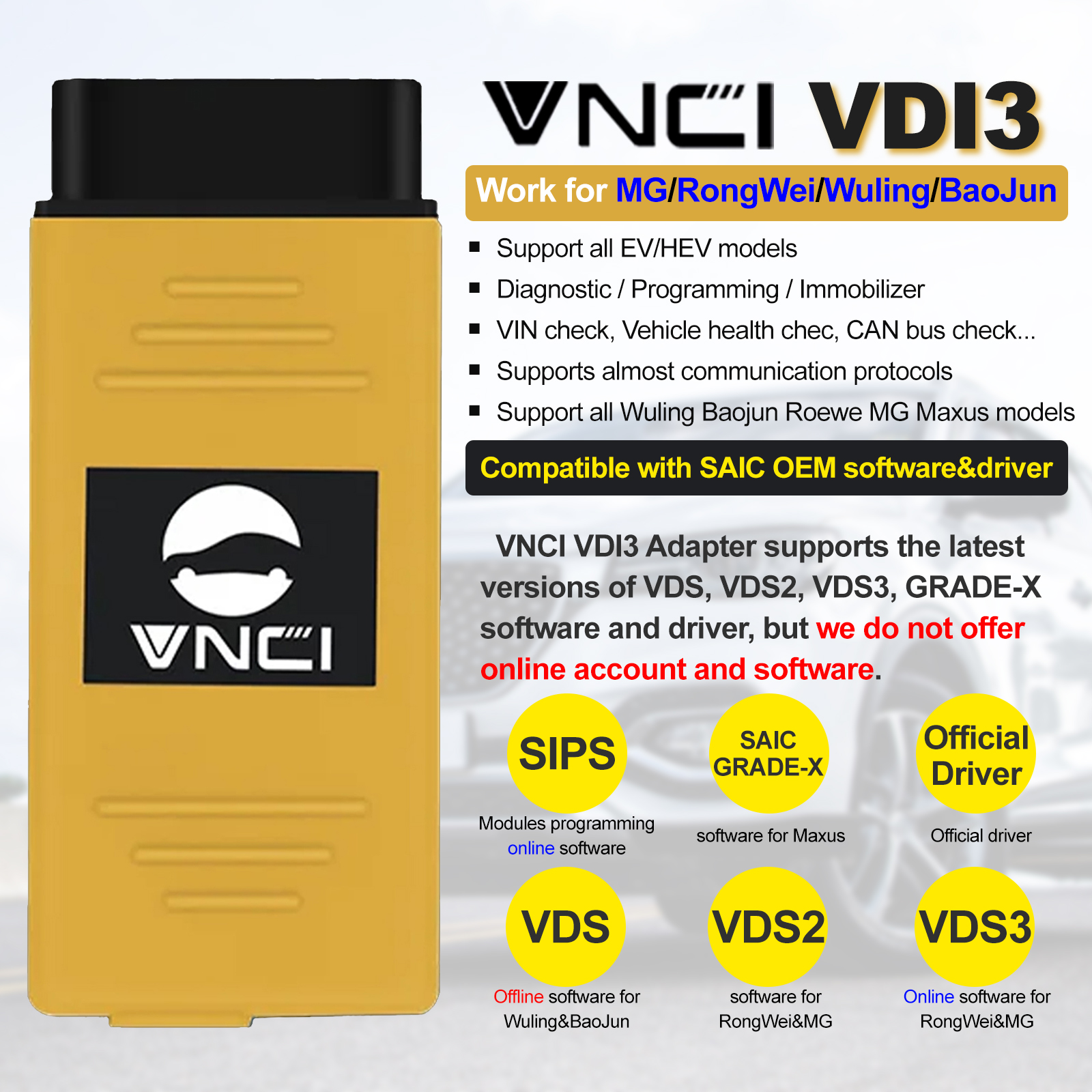 VNCI VDI3 MG/Rongwei/Wuling/Baojun サポート DoIP CANFD 診断スキャナーインターフェイス SAIC EV/HEV 車診断アダプター用