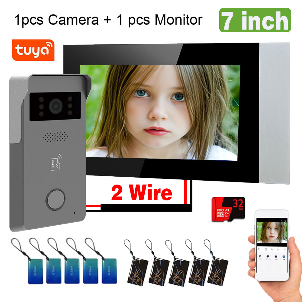 2 線式デジタルビデオインターホンシステム 7 インチワイヤレス WIFI モニター 1080P ドアホンカメラビデオドアベル IC カード Tuya アプリロック解除