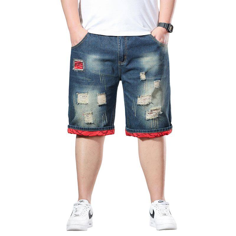 ブルー メンズ デニム ショートパンツ、夏カジュアル ジーンズ ショート パンツ ポケット破れとスクラッチ装飾付き アジア サイズ 28-40 42 44 46 48