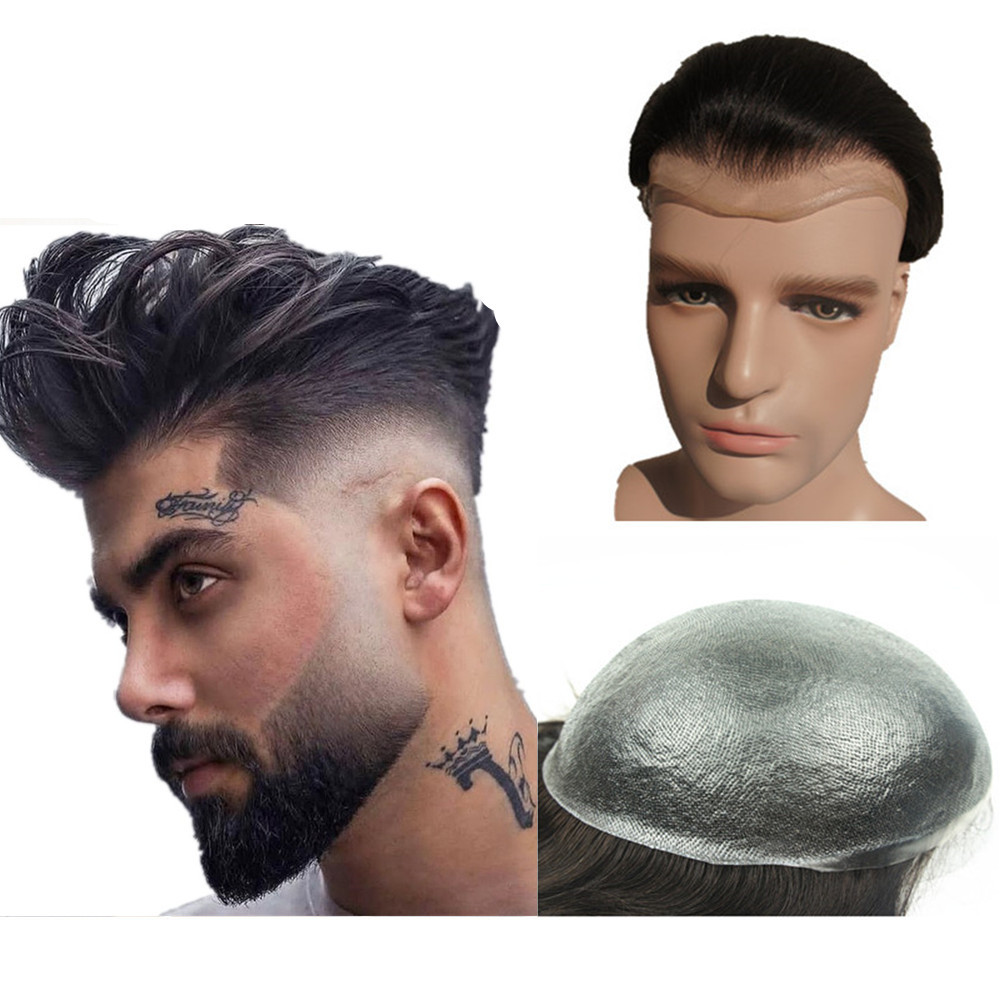 男性用かつら 0.04 ミリメートル薄皮 PU 人毛プロテーゼとヘアユニット毛交換システムベース 10*8