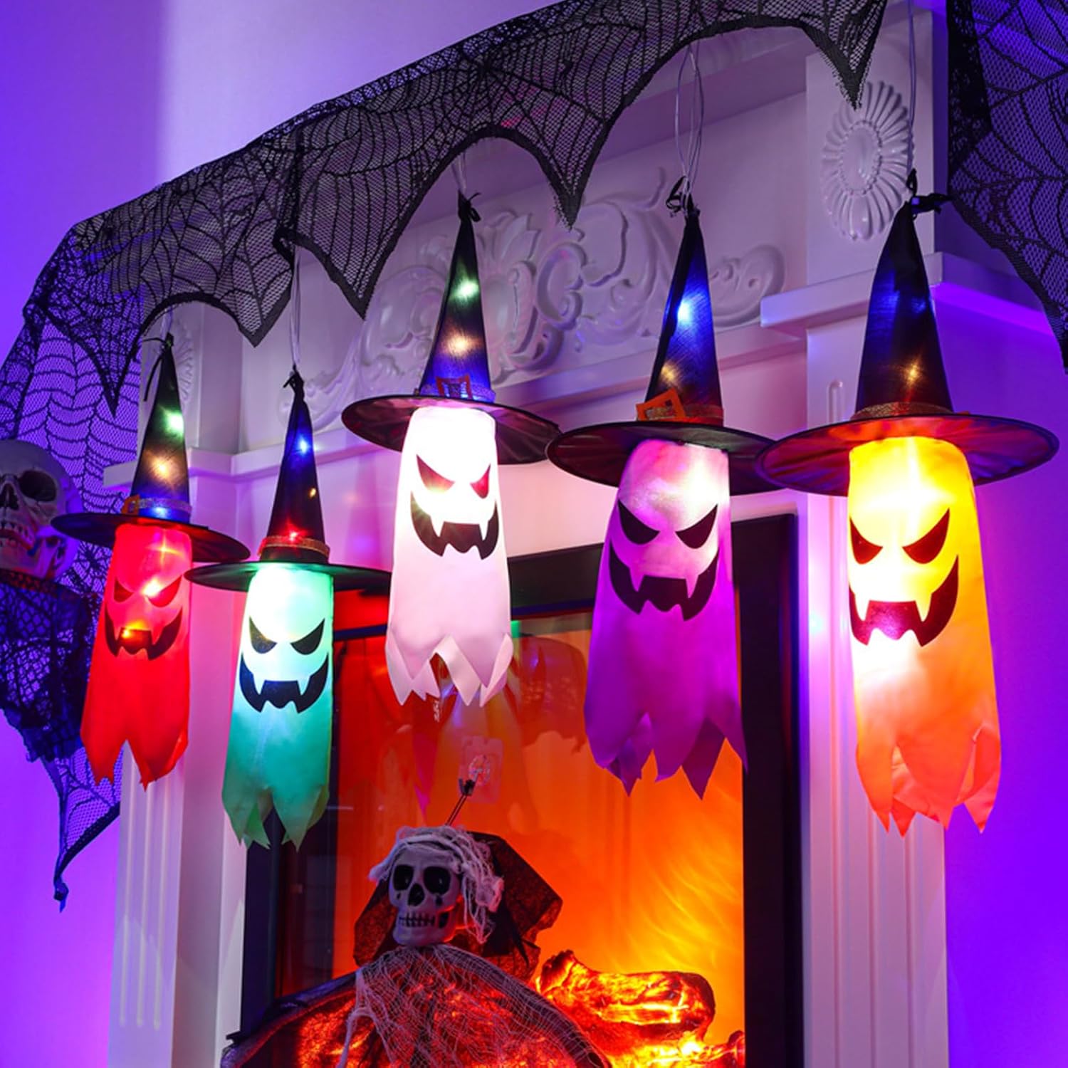 ハロウィン デコレーション 屋外 5 個 吊り下げハロウィン ライト付き 光るゴースト ウィッチハット LED ストリングライト付き パーティー ガーデン用