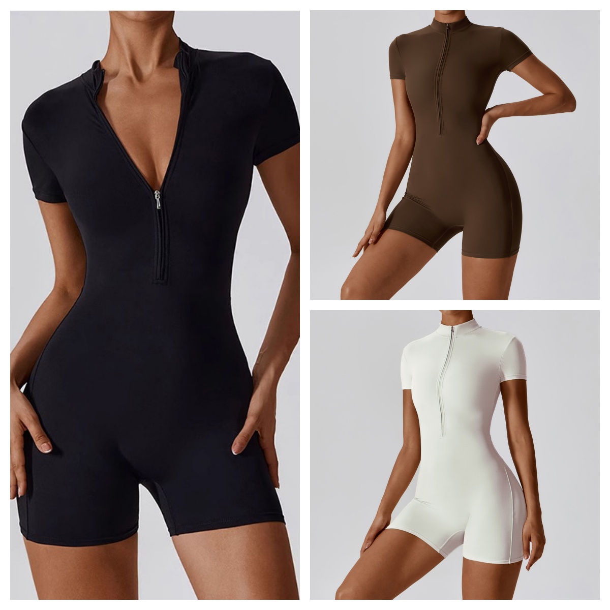 Women's Zipper Short-Sleeve Yoga Jumpsuit - Quick-Dry Breathable Tight Fitness Onesie for Gym Running Sportswear