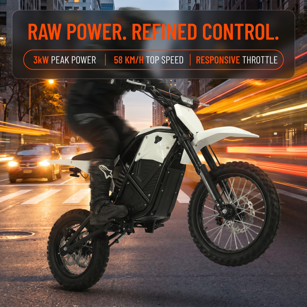 White Mid Drive Brushless Electric Dirt Bike Removable Safe Lithium Battery IPX6 Waterproof Adult Off Road Motocross Full Hydraulic Suspension Nitrogen Shock Absorber Hydraulic Disc Brake Chain Drive 