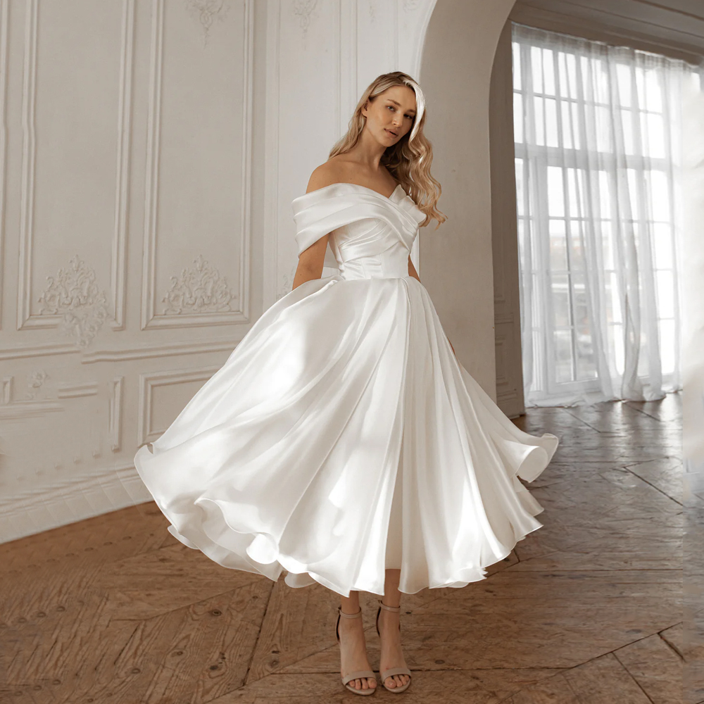 Off Shoulder Midi Wedding Dresses A-Line Ankle Length Ivory Bridal Shower Party Gowns Customized свадебное платье